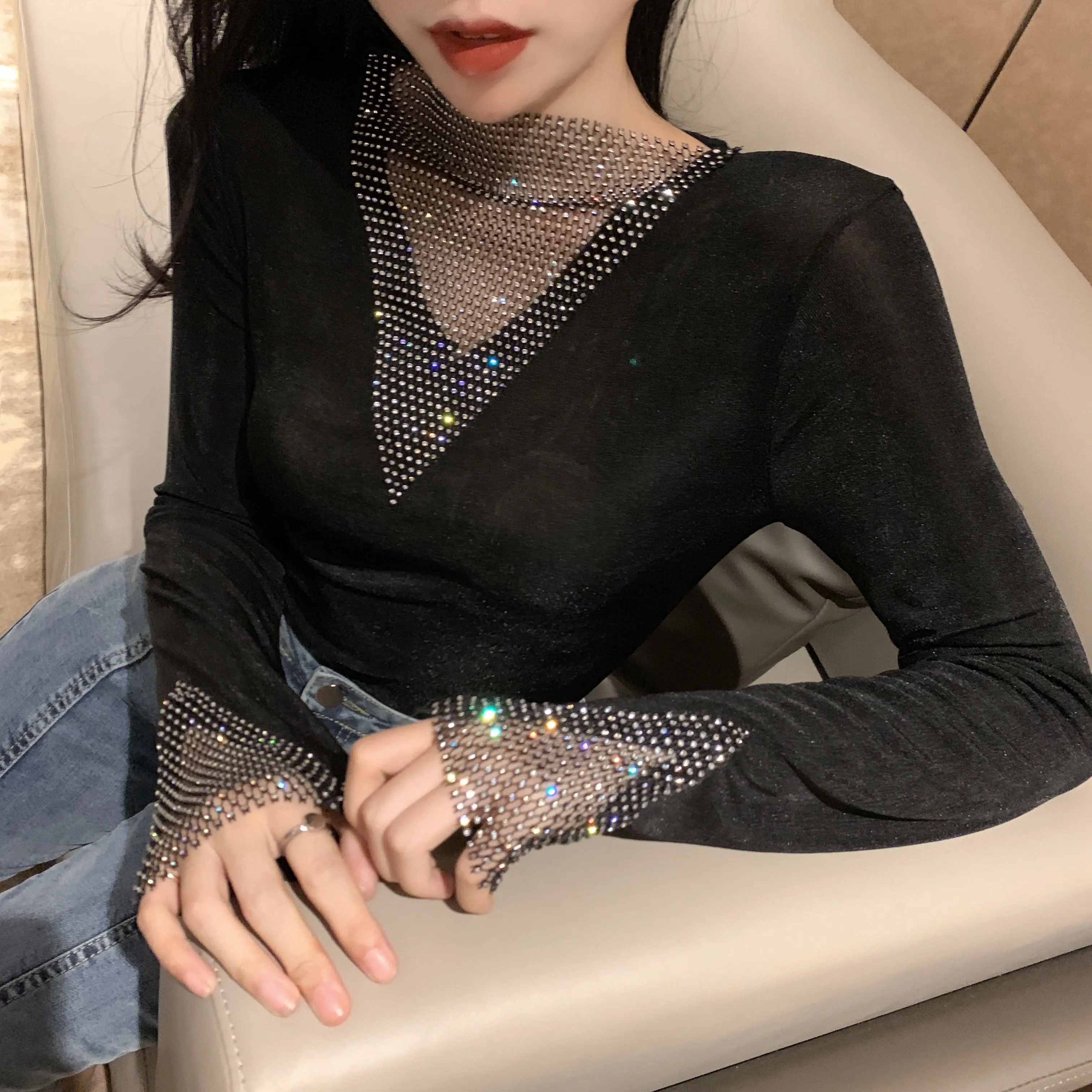 Neploe Осень Зима тонкая нижняя рубашка Blingbling Лоскутная футболка с длинным рукавом женская элегантная Корейская футболка с круглым вырезом 56862