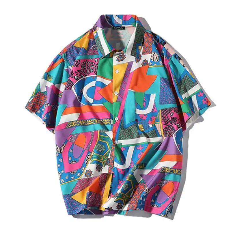 INCERUN Camisa Masculina, модная мужская Повседневная рубашка с принтом, с отворотом, свободная, короткий рукав, летняя уличная одежда, забавные Гавайские рубашки для мужчин