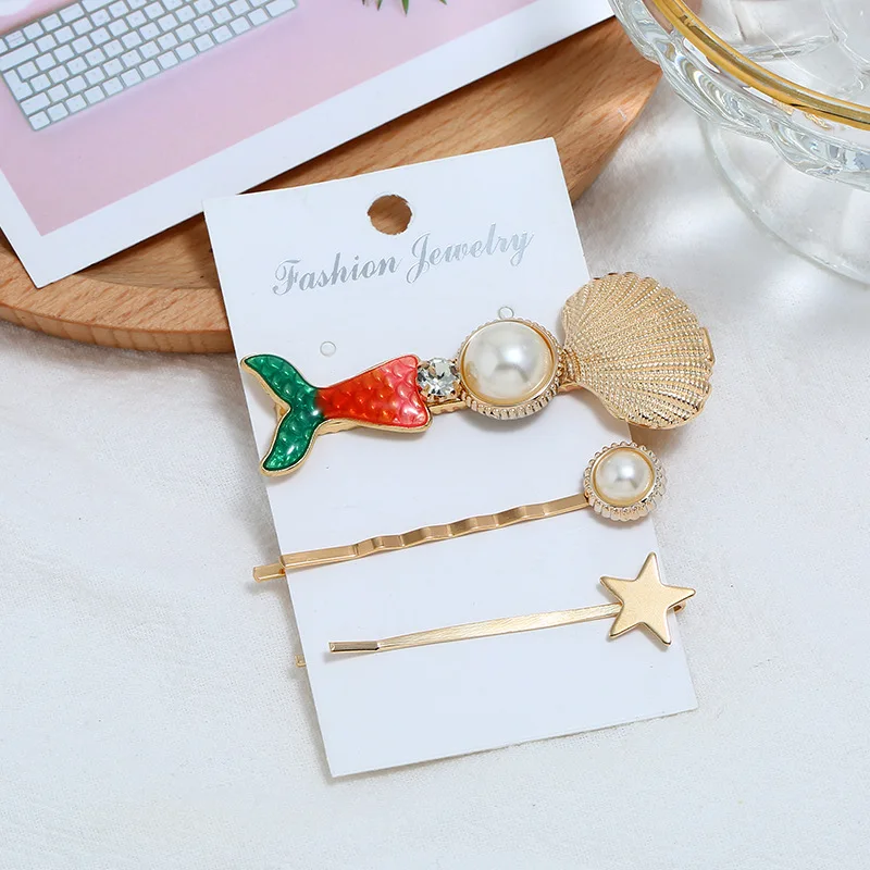 2/3pcs Summer Beach Shell Metal Hairpins Fashion Pearl hairgrip Mermaid Starfish HairClips Women Hair Accessories Adult Headwear - Цвет: C-gerrn