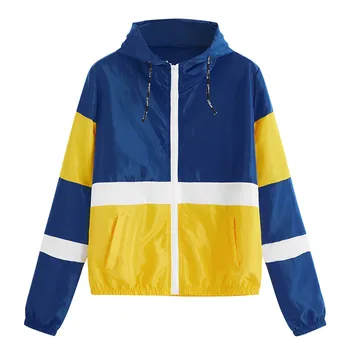 

2019 New Women's Casual Fashion Long Sleeve Patchwork Thin Hooded Zipper Pockets Sport Coat Z724