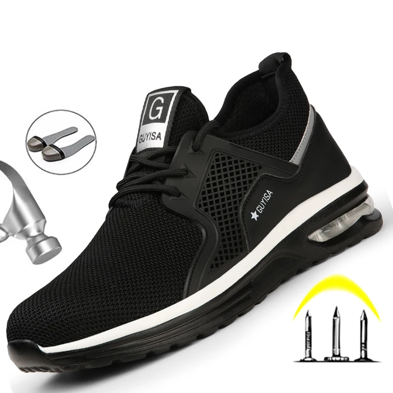 Zapatos de seguridad indestructibles para hombre, zapatillas ligeras antideslizantes de trabajo, transpirables, con punta de acero, a prueba de perforaciones, de malla de aire
