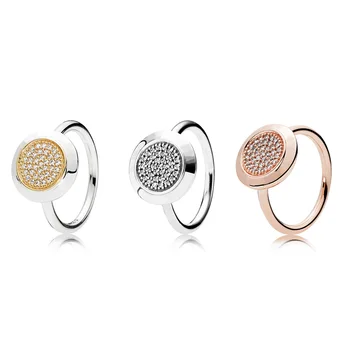 

925 Sterling Silver Gold Pave Logo Signature With Crystal Rings For Women Wedding Party Gift Pandora Jewelry