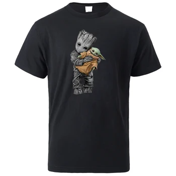 

GROOT And Yoda Baby Streetwear T-Shirt Mens Hip Hop Tops Summer New 2020 Male The Mandalorian T Shirt Cotton T-Shirt