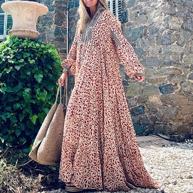 

Fall Spring Women's Floral Print Bohemia Long Dress Plus Size Female Loose Oversize Maxi Dresses Fashion Blue Red Beach Vestidos