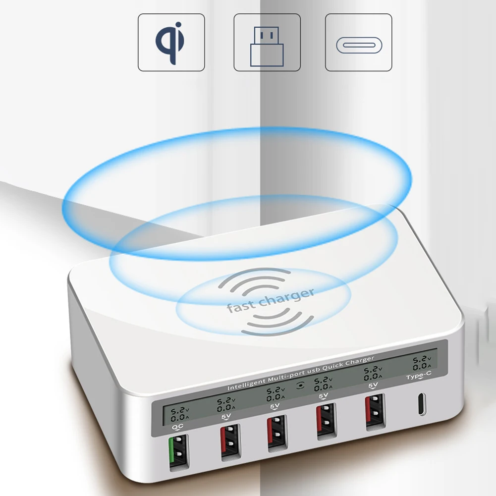 Multi Port Wireless Charger Hub Station for iPhone 11 Pro Max QI Fast Tpye-C Charging Dock Samsung Note 10 Plus LED Display | Мобильные
