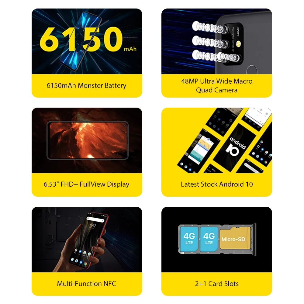 UMIDIGI Power 3 Мобильный телефон Android 10 48 МП Quad AI камера 6150 мАч 6 53 &quotFHD + 4 Гб 64 Helio P60