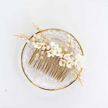 

Delicate Ceramic Flower Bridal Headpiece Handmade Pearls Wedding Hair Comb Party Prom Hair Jewelry 2019 Brides Accessories