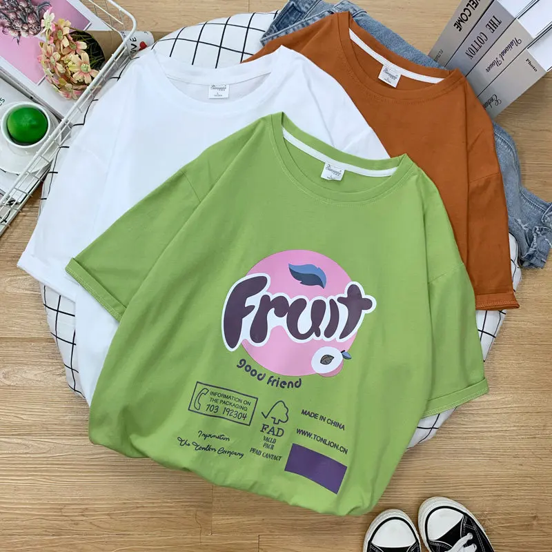 95% cotton Chic Summer New Personality Korean Style Fruit women t-shirts short white Plus Size kawaii harajukuTops Tees TYD26