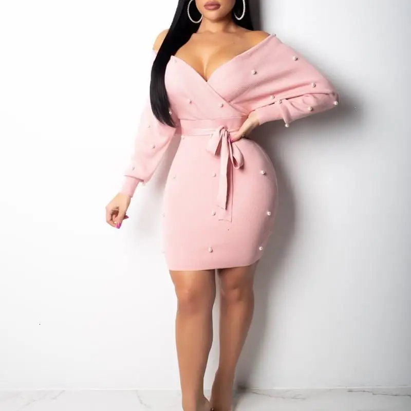 

2019 Fall Winter V -neck Backless Mini dresses Solid claws Used dresses Retrieve Batwing Mouw Belt Lace Up Party dresses