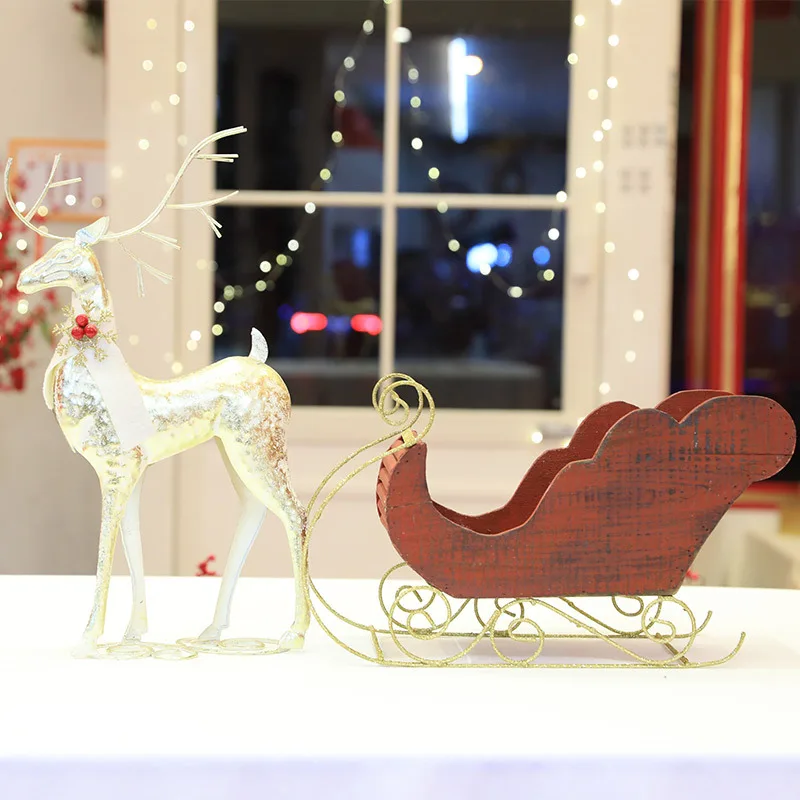 2022 Christmas Decorations Wooden Deer Cart Creative Ornaments Wrought