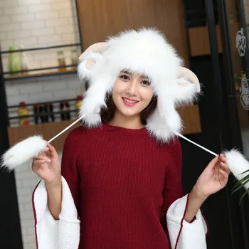 

Autumn and Winter Super Warm Cute Cartoon Goat Horn Cap Fur Clothing plus Velvet Ushanka for Both Men and Women Christmas Hat