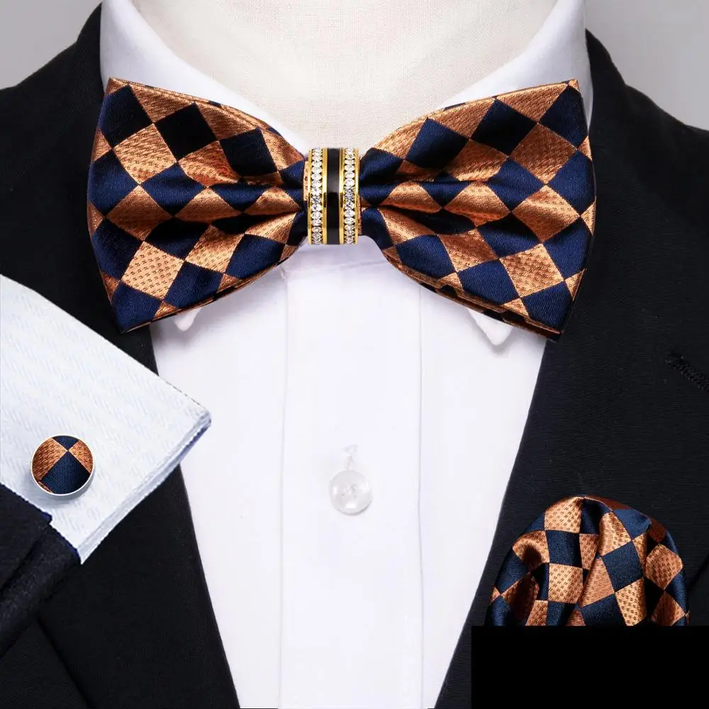 

Gold Novelty Bow Tie For Men Wedding Accessorie Adjustable Butterfly Handky Removable Diamond Ring Set Barry.Wang Men Gift