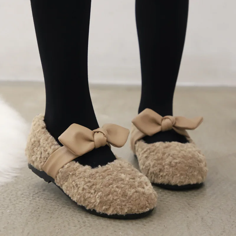 

Children Fur Shoes Plush Cotton Fashion Shoes Girls Flat Sneakers Girls Princess Warm Shoes Winter Butterfly-knot Velvet Flats