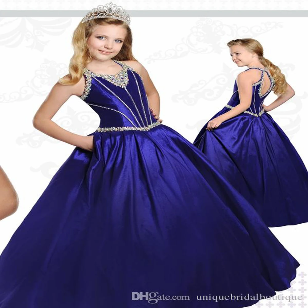 

Royal Blue Teens Pageant Dresses 2021 Ritzee with Tear Drop Back and Beaded Neck Beautiful Taffeta Girl Pageant Dress with Pocke