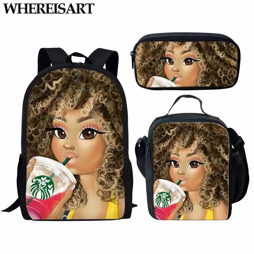 

WHEREISART Schoolbags for Teenage Girls Kids Black Girl Magic Print School Backpacks Children Custom Cartoon School Bag Set