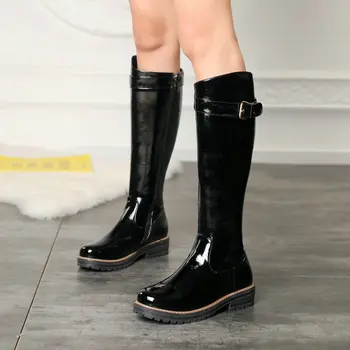 

2020 Winter Women's Shoes High Boots Flat Velvet Lining Patent Leather Warm Zipper Ladies Thick Bottom Round Toe Casual Black