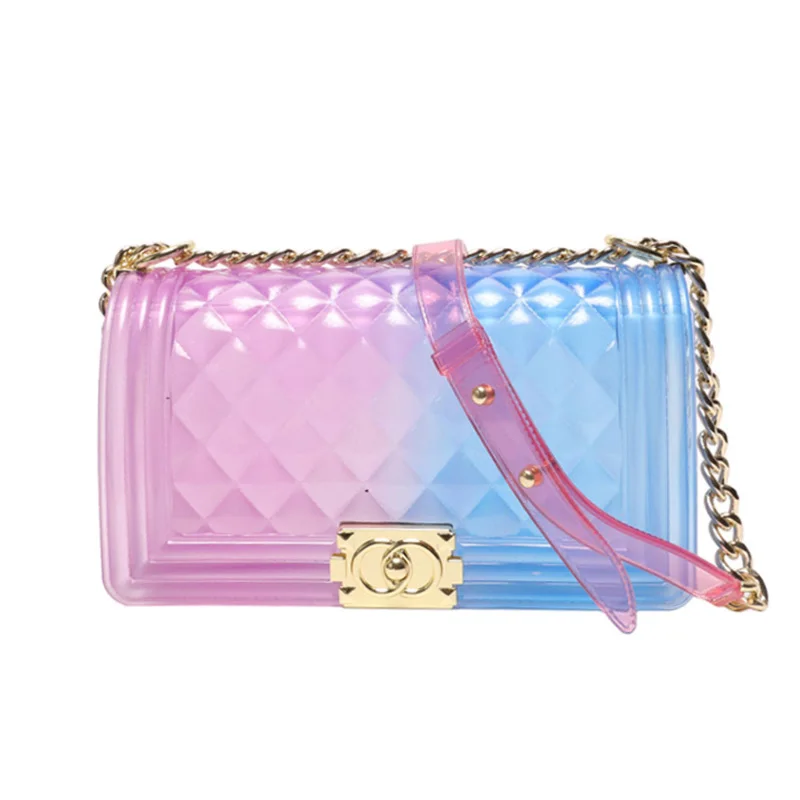 

2019 Ladies New Korean Version Of The Wild Tide Small Fragrance Rhombic Gradient Jelly Package Shoulder Messenger Bag Clear Hand