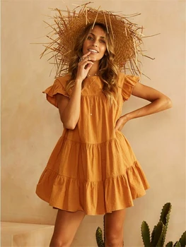 

Fashion Summer Bohemian Boho Loose Beach Dress Women's Short Sleeve Solid Dress Sundress Vestidos Mujer