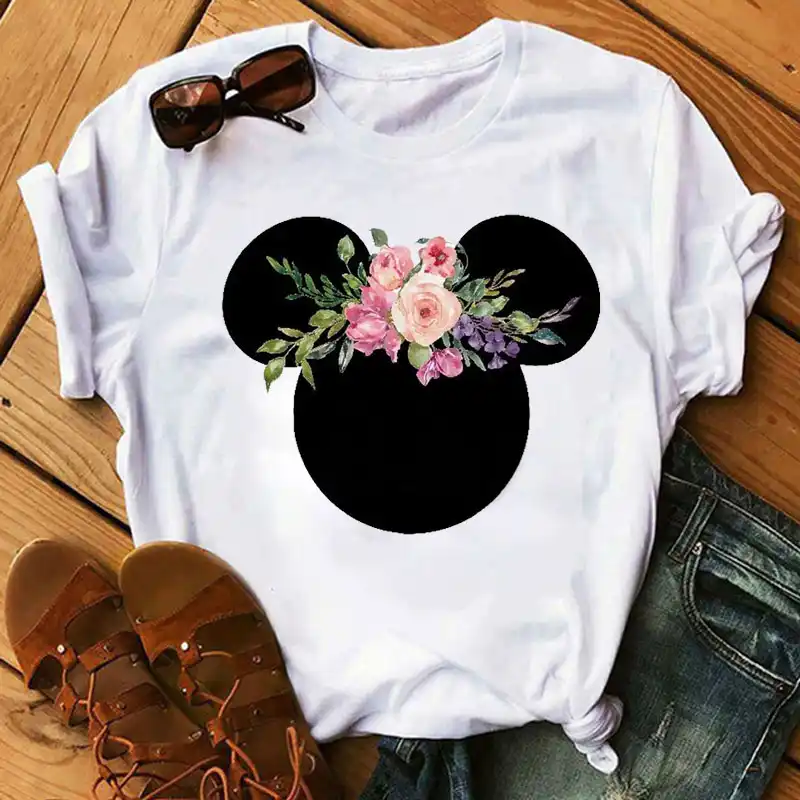 Camiseta A La Moda Con Estampado De Dibujos Animados Y Flores Para