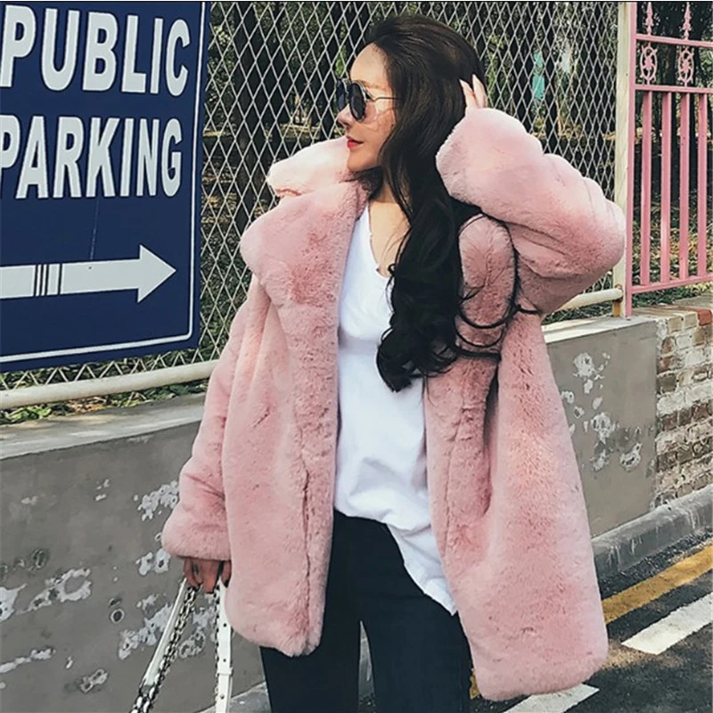 Best 2019 New Autumn Winter Thickened Lapel Loose Wool Coat Women Woven Fur Medium Length Long Sleeve Casual Thin Thick Coat Female