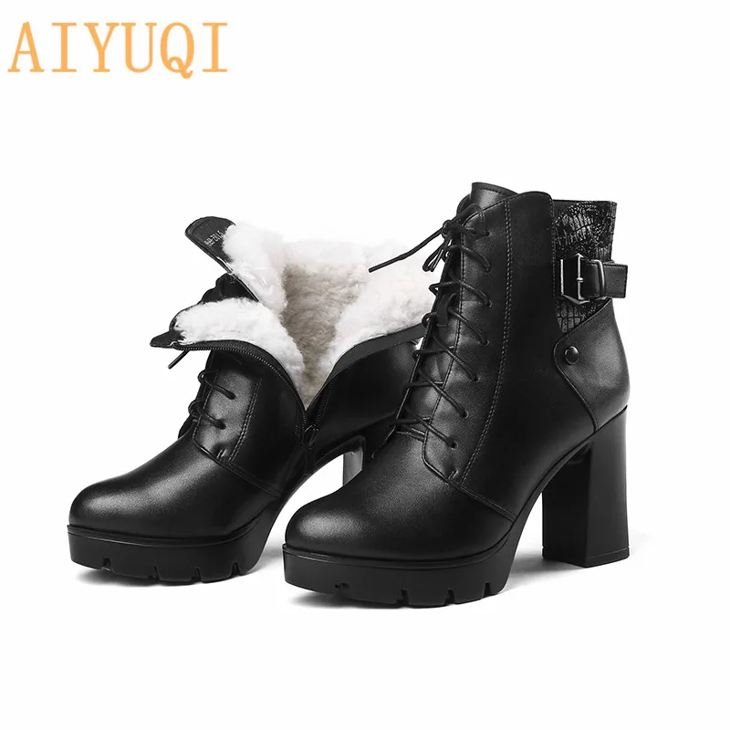 

AIYUQI New Genuine Leather Martin Boots Women Sexy High Heels Platform Women Ankle Boots Wool Warm Winter Footwear