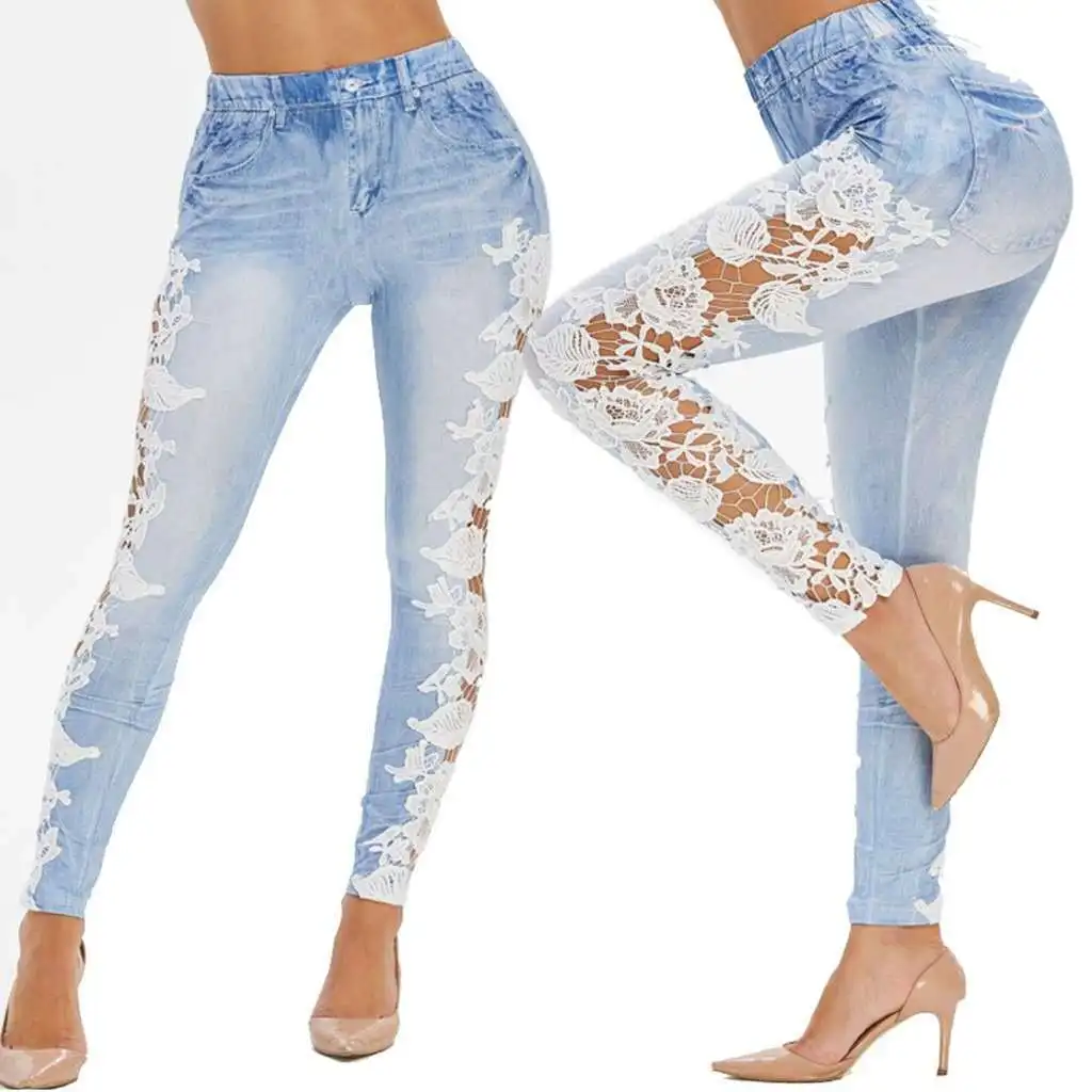 New Womens Ladies Stretch Crochet Side Lace Skinny Fit Denim Jeans Sizes 6 to 14 