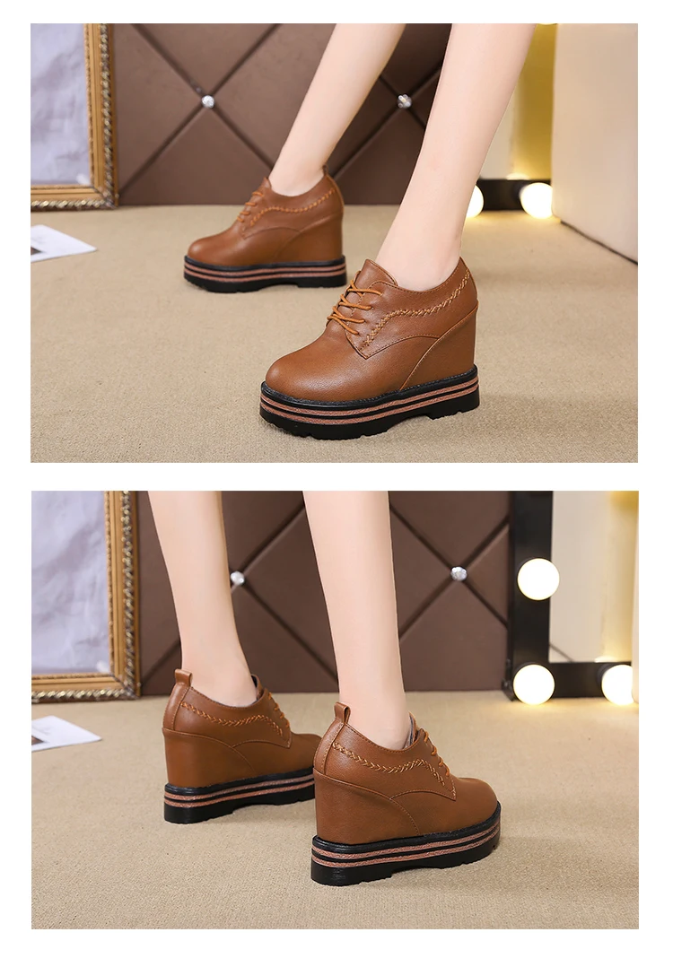 Bootee/ г. Женские ботинки до середины икры кожаные ботинки на шнуровке Женская Базовая обувь с круглым носком на танкетке черного цвета в стиле Лолиты на высоком каблуке