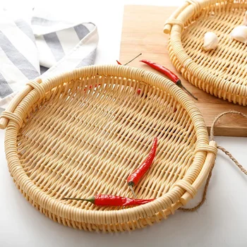 

Hand-woven Rattan Tray Bread Basket Container Multifunction Storage Basket for Dried Fruits Snacks (Round)