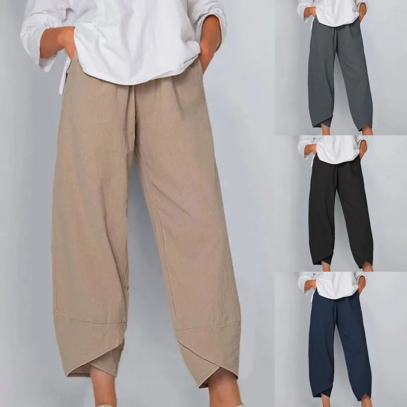 

Solid Pockets Straight High Waist Ankle-Length Joggers Women Casual Cotton Linen Baggy Pants Plus Size Trousers Loose Pants