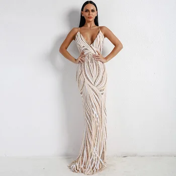 

Sexy Sequins V-neck Evening Party Dress Elegant Spaghetti Strap Backless Prom Gown Mermaid Robe De Soiree Trailing Vestidos