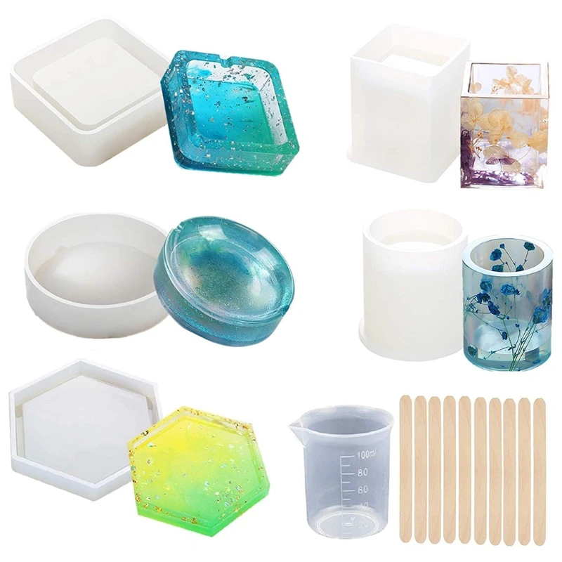 

37Pcs DIY Ashtry Silicone Mold Kit Pen Holder Epoxy Resin Molds Handmade UV Resin Craft Art Cylinder Cuboid Hexagon Round Molds