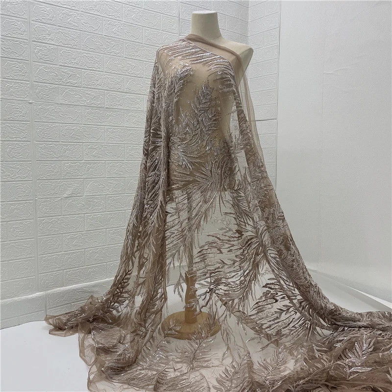 LFY Brown Rich Beads Heavy Embroidery Lace Fabric Luxury Gown Evening Dress African 1 Yard Clearance sale | Дом и сад