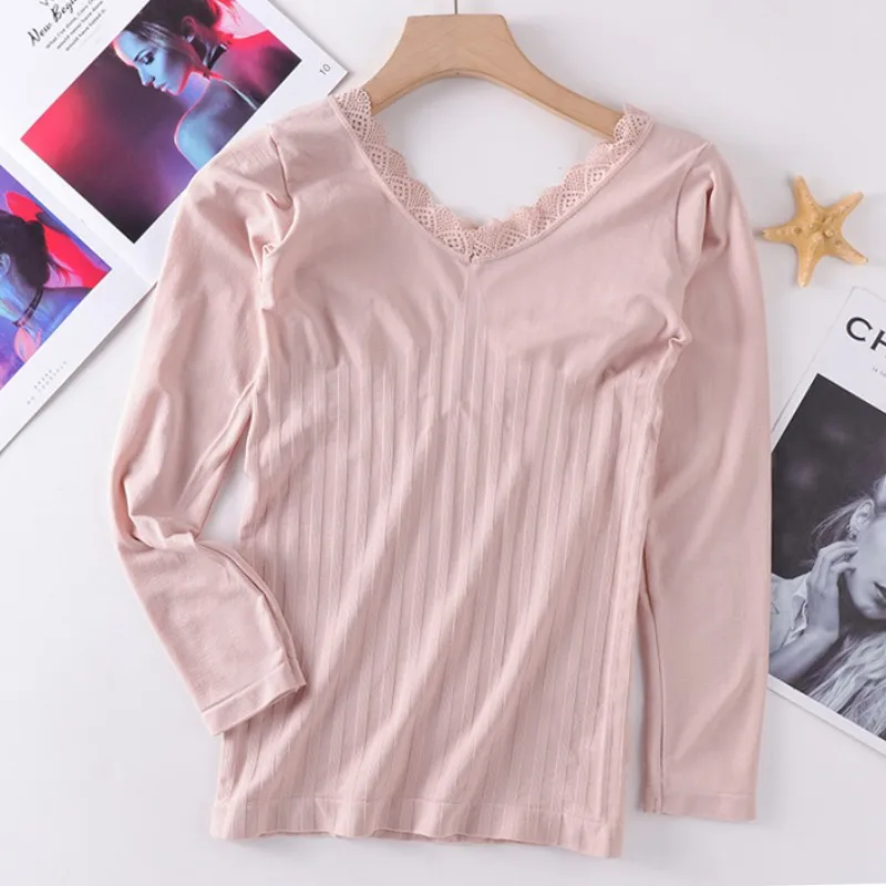 Женское зимнее тонкое термобелье базовая футболка кружевное бесшовное нижнее