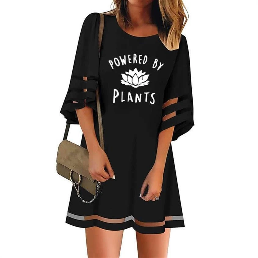 

Mesh Stitching Dress Dress VEGAN Letters Print Summer Vestidos Women Beach Plus Size Denim
