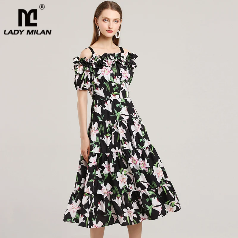 

Lady Milan Women's Runway Designer Dresses Spaghetti Straps Floral Printed Ruffles Fashion Mid Calf Dresses