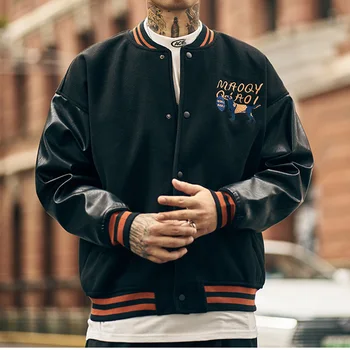 

Baseball collar stitching embroidery pu leather jacket men's trendy brand loose pilot baseball uniform tooling jacket