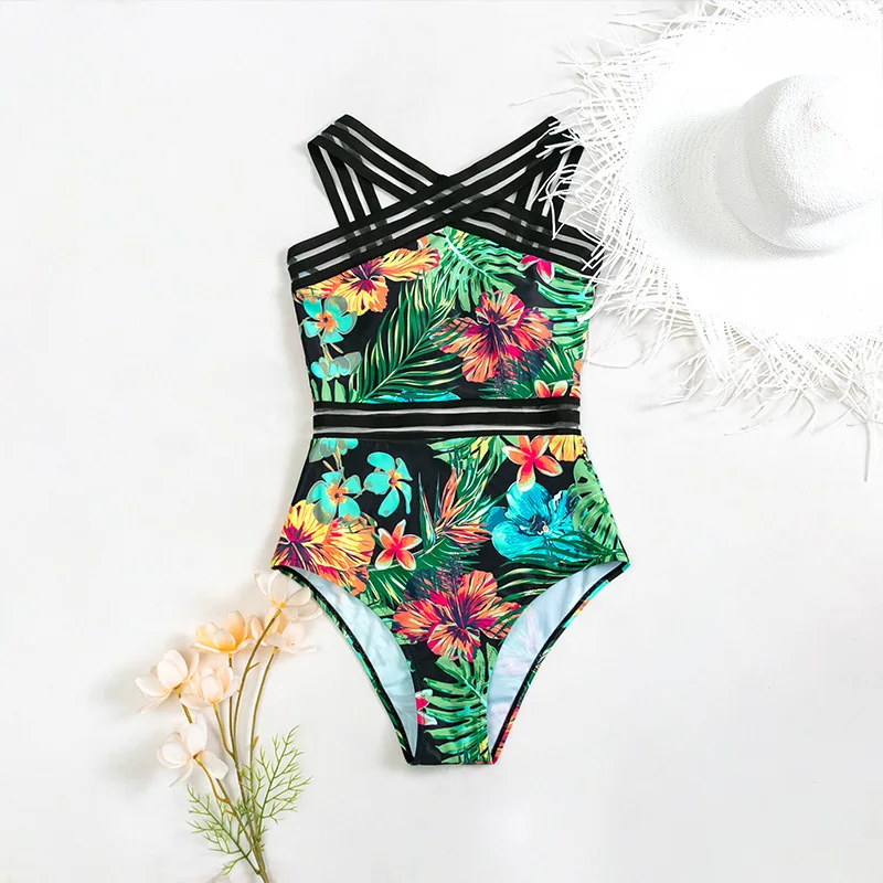 2021 Europe and The United States New Bikini Rainforest Leaves Fashion Sexy Print One-piece Swimsuit 2 Women bathing suit with matching cover up