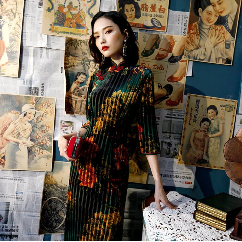 Sheng Coco эластичные большого размера бархатные платья Qipao вечернее Ципао 5XL 4XL новое гибкое современное длинное платье женский китайский костюм