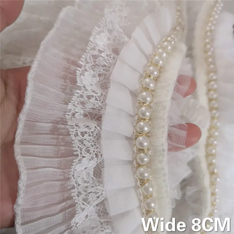 

8CM Wide White Three Layers Glitter Beads Elastic Ruffle Trim Embroidery 3D Lace Ribbon Pleated Chiffon Fabirc DIY Sewing Decor