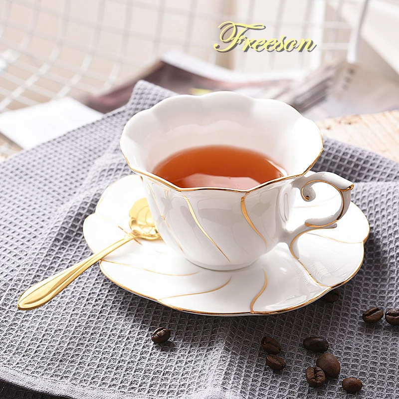 Gold Wave Bone China Coffee Cup Saucer Spoon Set 200ml Gorgeous Ceramic Tea Cup High-grade Porcelain Teacup Drinkware Dropship