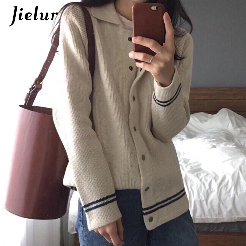 

Jielur Loose Women Stripe Knitted Jacket Button Winter Outerwear Apricot Coat Femme Turn-down Collar Coats and Jackets Women