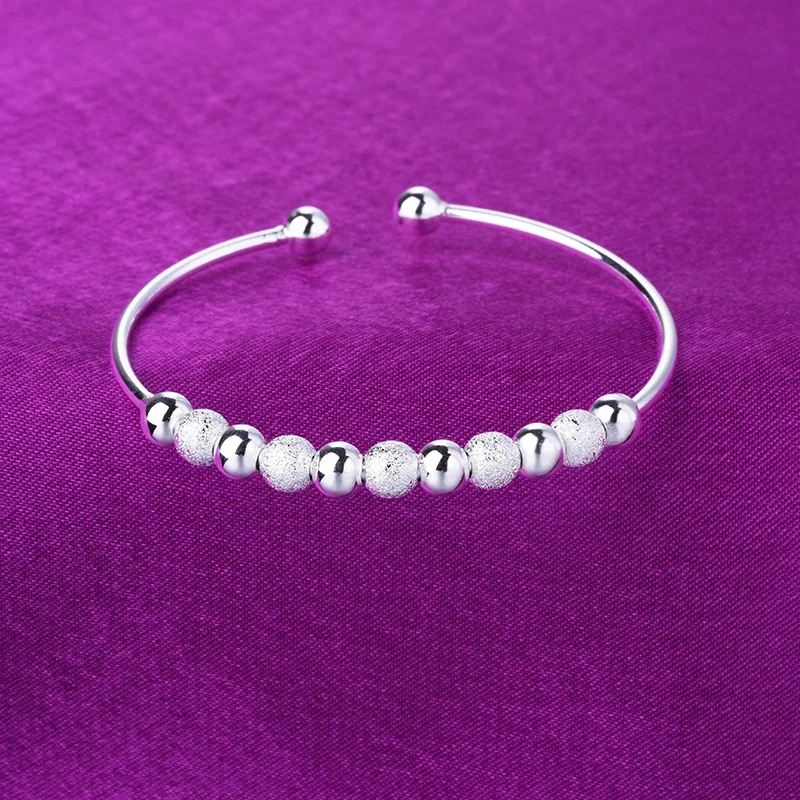 

Silver Matte Beads Bangle Jewelry Female Opening Adjustable Silver Bangle