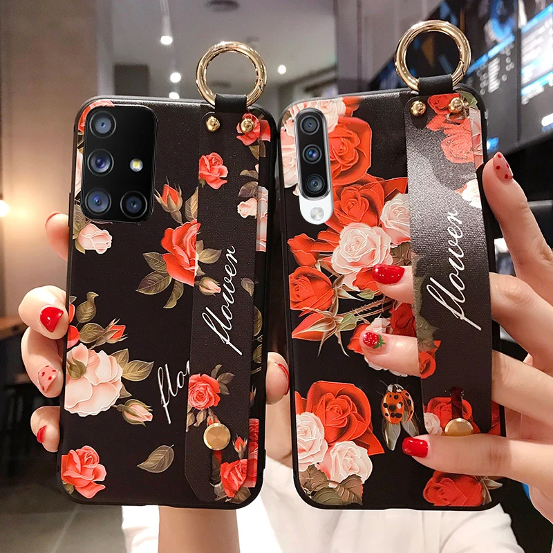 Wrist strap phone holder silicone case For Samsung S20 Ultra Note 10 9 S10 Plus S10e Flowers Leaves Patterned Soft Back Cover Wrist strap phone holder silicone case For Samsung S20 Ultra Note 10 9 S10 Plus S10e Flowers Leaves Patterned Soft Back Cover