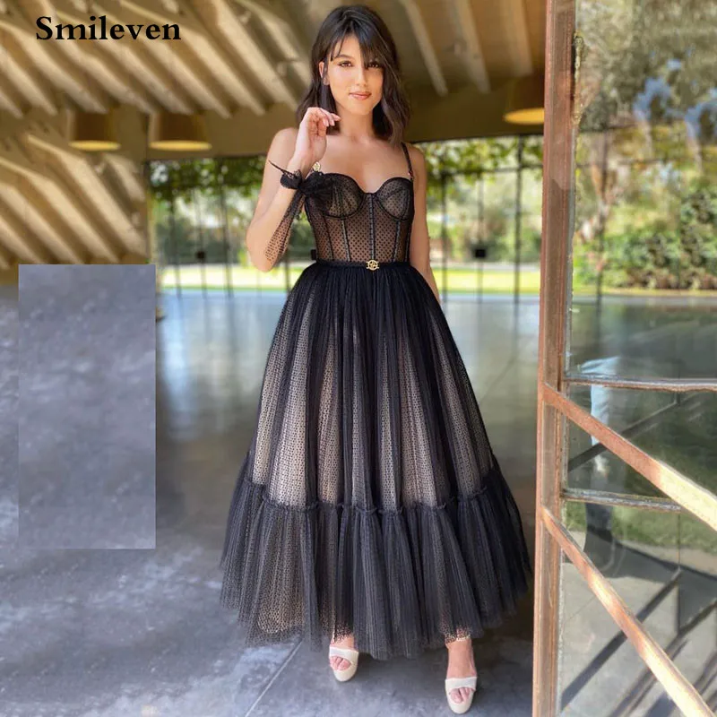Smileven Modern Black Dotted Tulle Short Prom Dresses Spaghetti Straps Evening Gowns Sweetheart Corset Prom Party Gowns women prom dresses