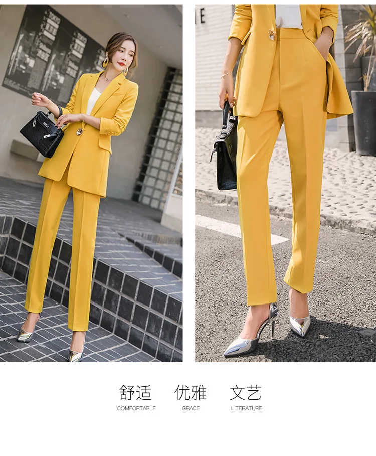 Женский желтый костюм, пиджак, деловой костюм, пиджак на одной пуговице, пиджак с карманами, деловой костюм+ брюки, костюм-двойка, брючный костюм для женщин - Цвет: Цвет: желтый