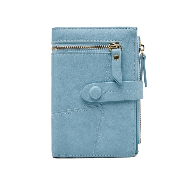 Korean Women Multifunction Short Wallets Zipper Hasp Mini PU Leather Female Coin Purses Fashion Ladies Clutch Card Holder Blue