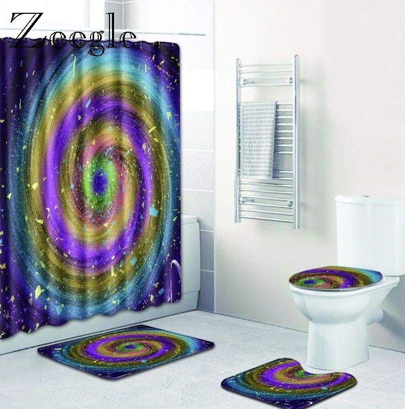 Zeegle Colorful Bath Mat Set with Waterproof Shower Curtain Non-Slip Soft Floor Rug Toilet Seat Cover Mat Toilet Decoration Mat