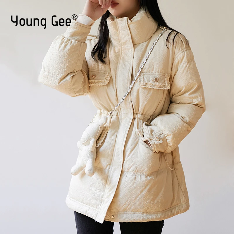 

Young Gee Winter Jacket Women White Duck Down Stand Collar Coats Warm Thicken Parka High Street Design with Chains Bear Doll