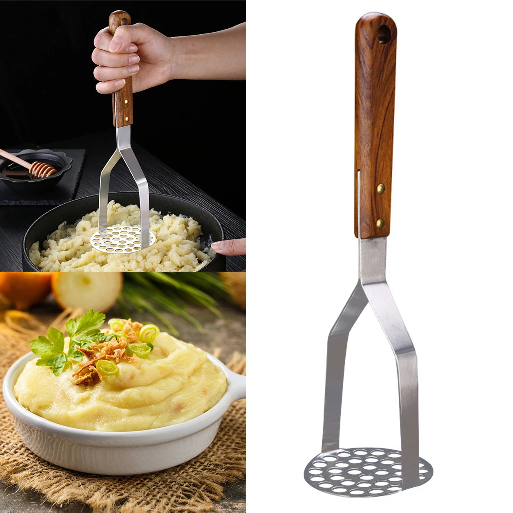 PotatoMasherStainlessSteelFoodMasherUtensilwithWoodHandleVegetablesFruitsVersatile