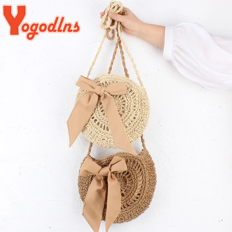 Summer Bow Straw Bag Round Rope Shoulder Bags Simple Woven Knitting Crossbody Bag Fashion Small Beach Handbag Casual